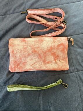 BED|STU Pink Leather Crossbody with Green Wristlet Accent